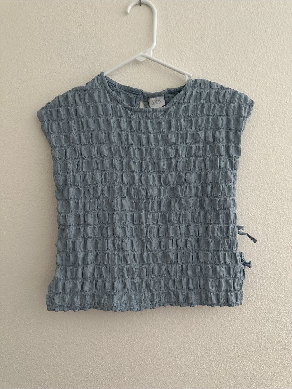 Zara Soft Blue Smocked Cap-Sleeve Top with Side Ties Size 8 9